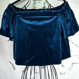 Topshop Bardot Velvet Crop Top Blue Off-Shoulder Short Flutter Sleeve NWT Size 6